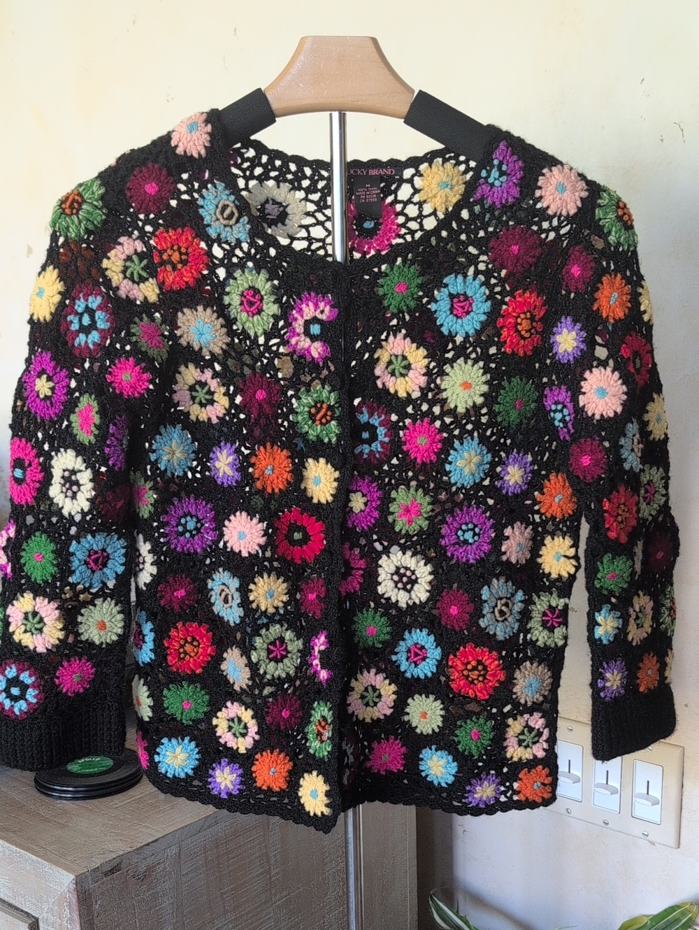 Lucky Brand 100% Wool Black Crochet Cardigan with Multicolor Floral Motifs